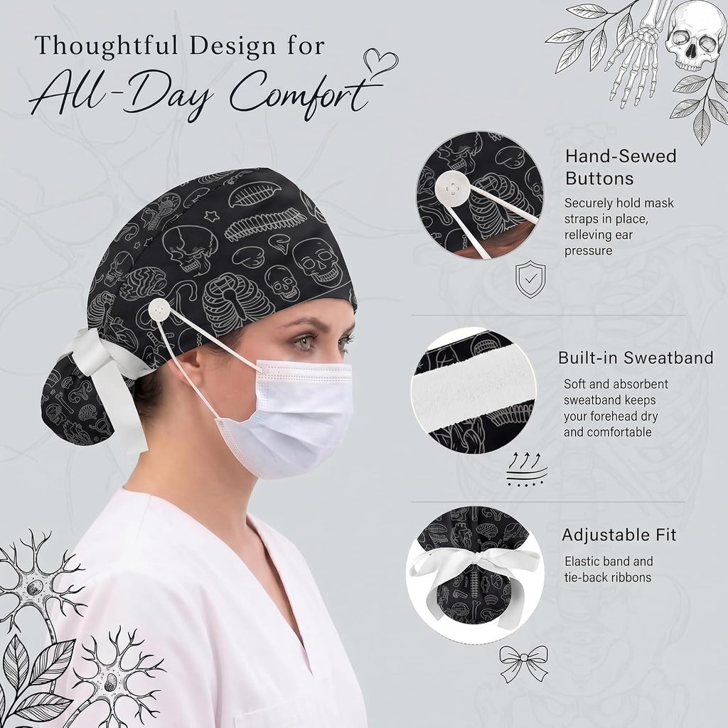 Scrub Caps Women Anatomy Nurse Hats Ponytail Tie Back