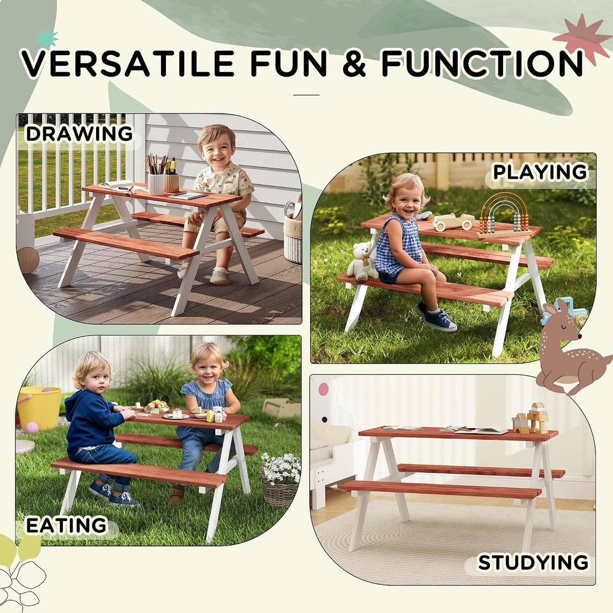 Kids Picnic Table Set Wooden Table & Bench Set for Ages 3-8 Brown | Kids Patio Furniture, Outdoor Toys