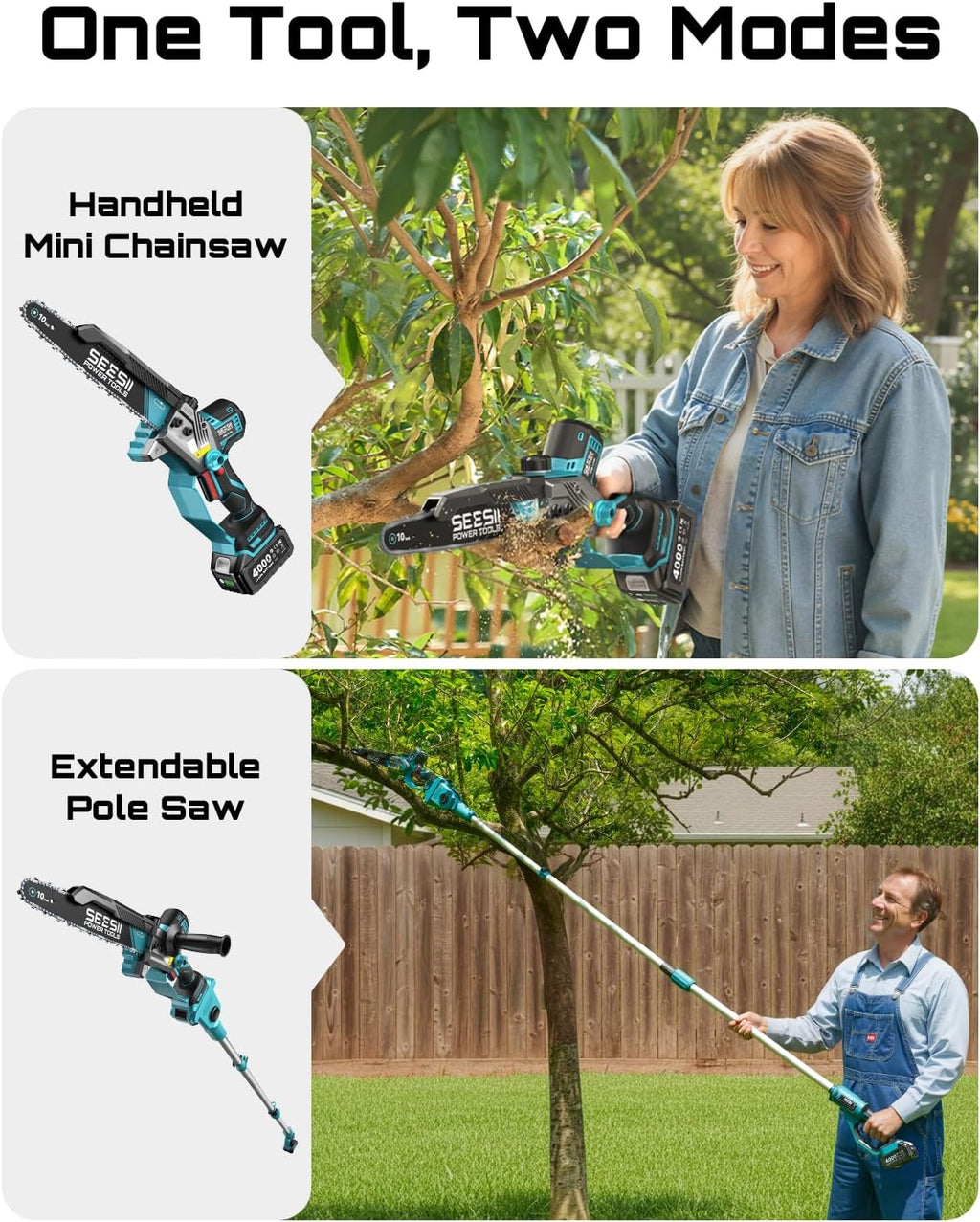 10-Inch 2-in-1 Cordless Pole Saw & Mini Chainsaw,2 x 4.0Ah Batteries | Brushless Handheld Chain Saw,Auto Oiling