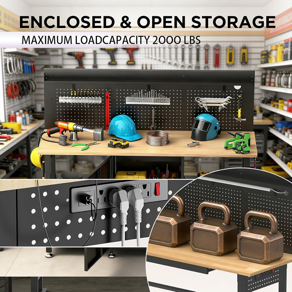 60 inch Workbench with Storage Locker and LED Lights, 2000 lb Capacity Heavy Duty Workbench for Garage, Height