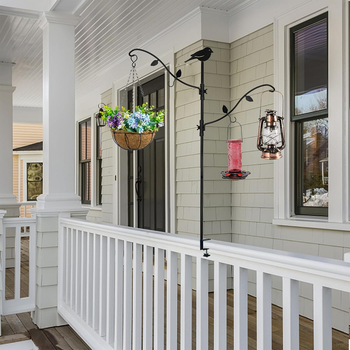 Deck Pole Bird Feeding Station Kit, Porch Multi Hook Bird Feeder Hanging Kit with Two Adjustable Branches, Attracting