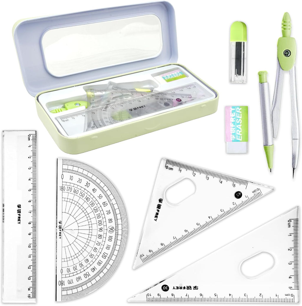 Geometry Set for Students - 8 Pieces, Back to School Supplies | Metal Compass, Protractor, Eraser, Triangle Ruler