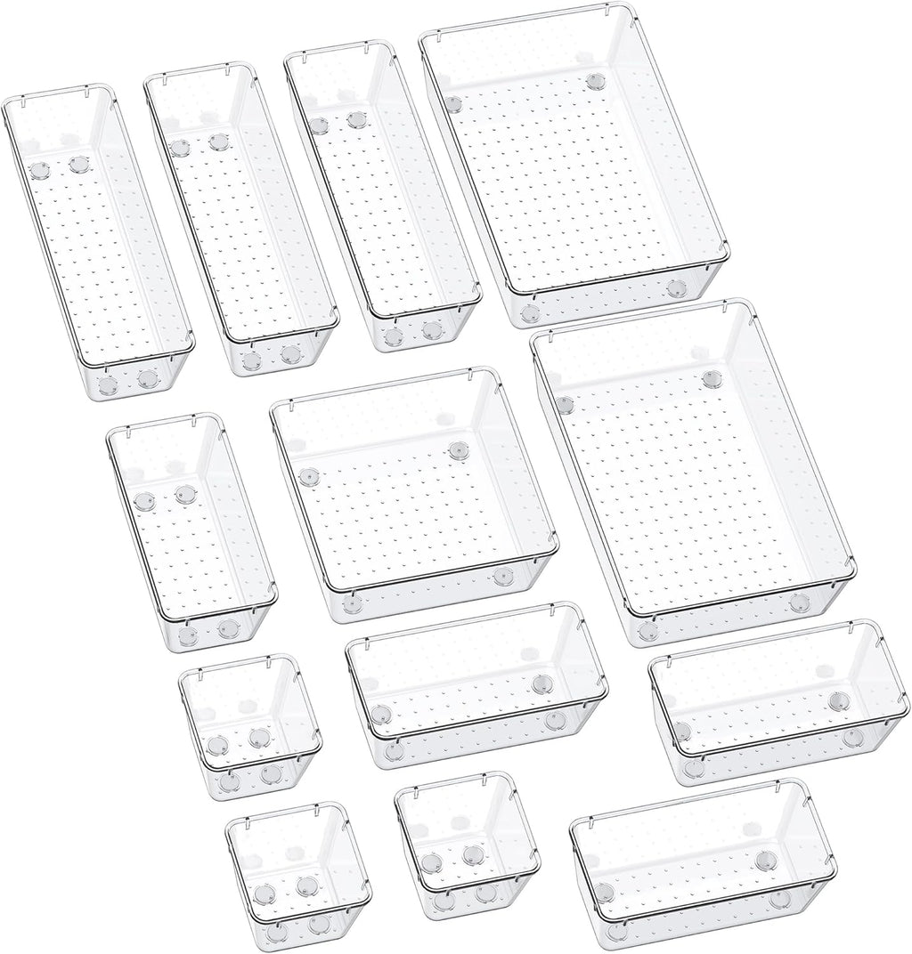 13-Piece Drawer Organizers with Non-Slip Silicone Pads, 5-Size Desk Bathroom Drawer Organizer Trays Storage Tray for