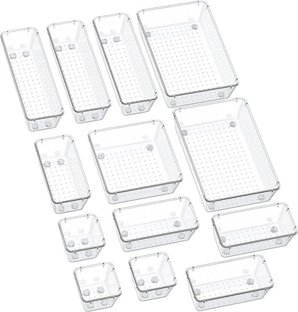 13-Piece Drawer Organizers with Non-Slip Silicone Pads, 5-Size Desk Bathroom Drawer Organizer Trays Storage Tray for
