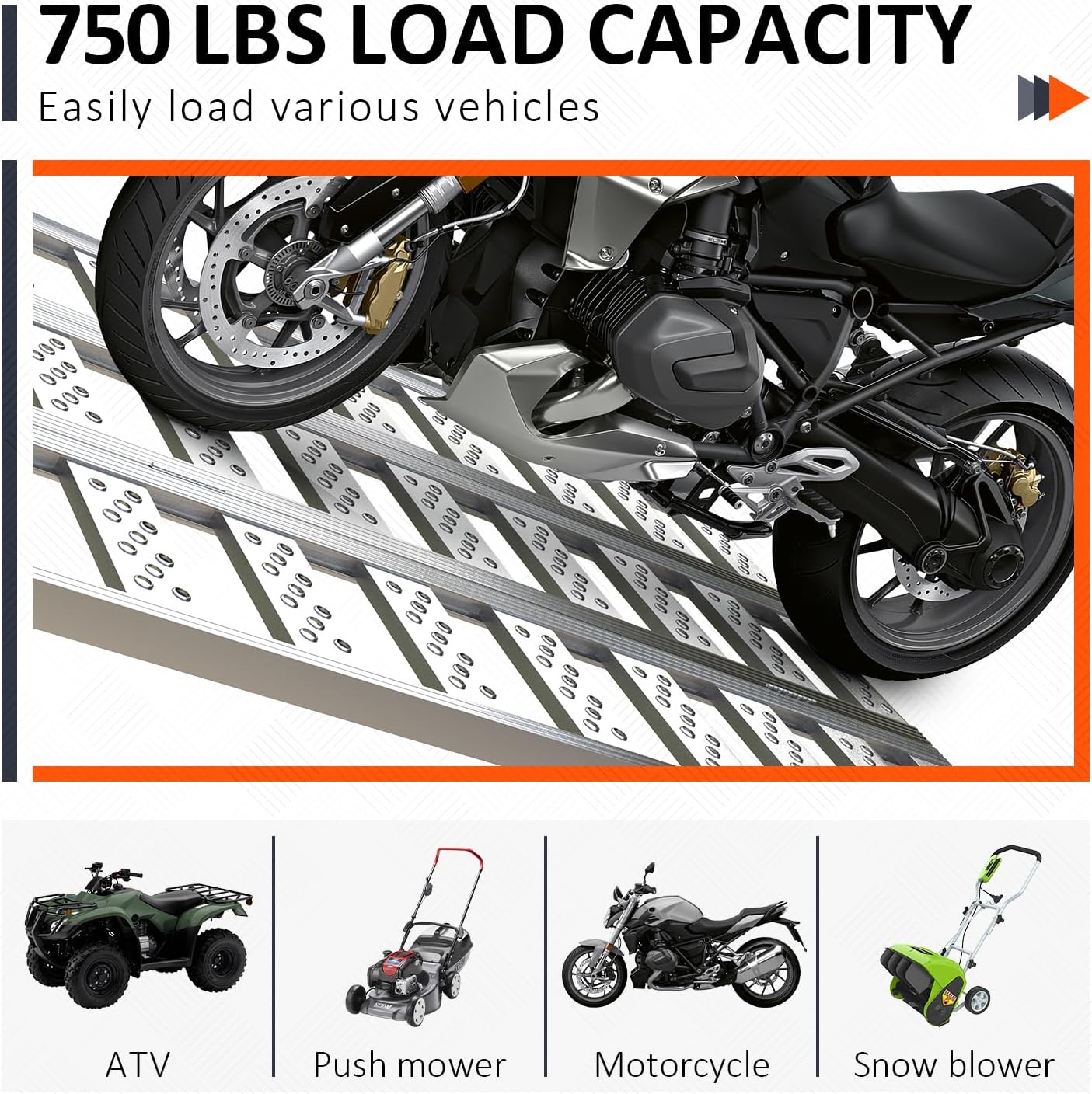Aluminum Tri-Fold Ramp with Treads, 1600 lbs Capacity/535lbs per Section, ATV Ramp with Load Straps for Motorcycles
