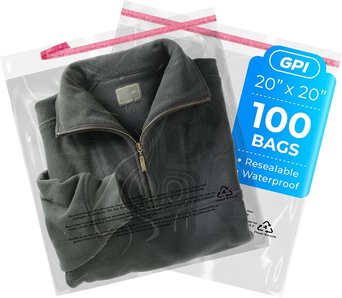 20" x 20" Self Seal Poly Bags, Extra-Large, 100 Pack, 1.5 Mil, for Shipping