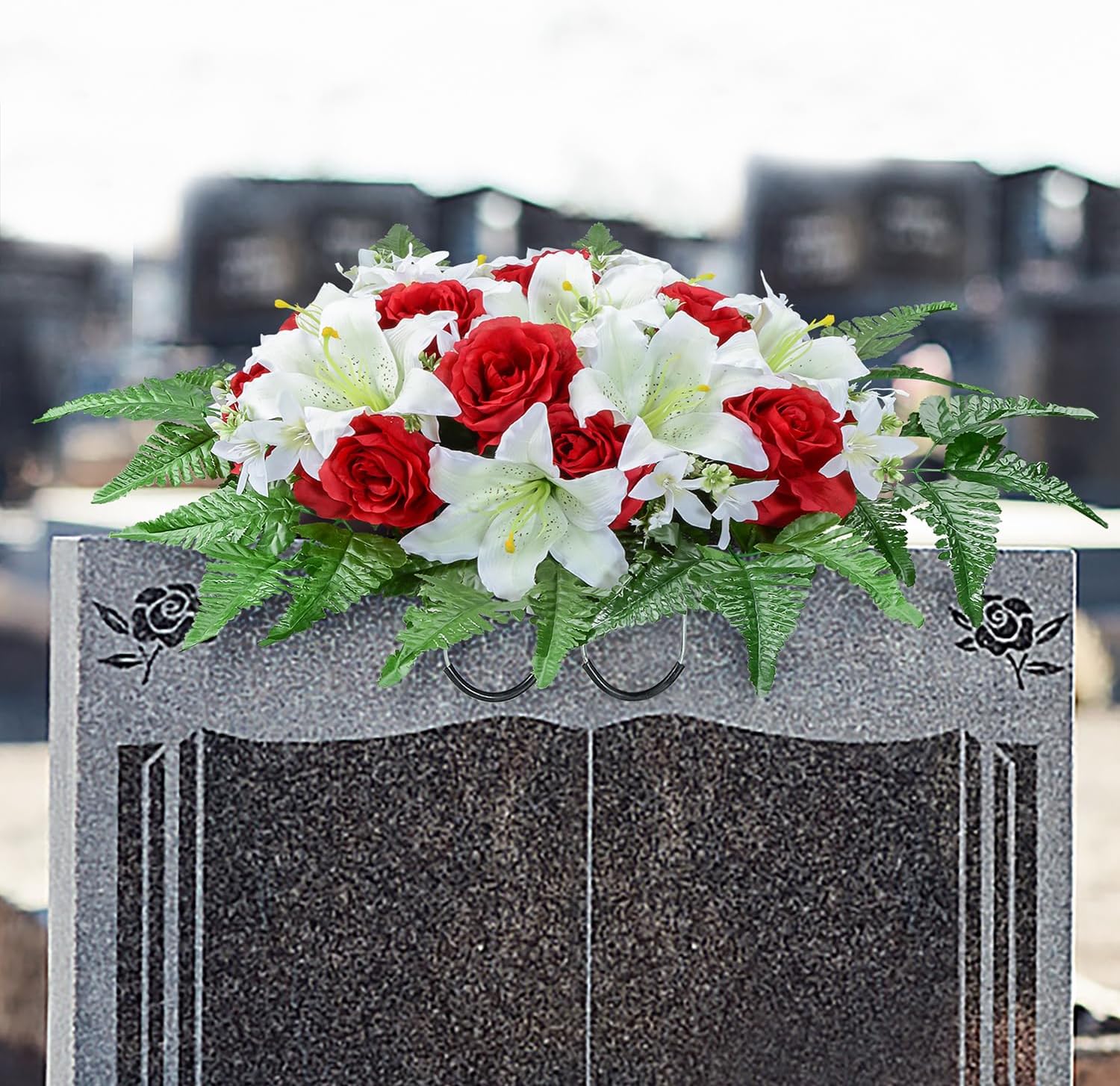 Artificial Cemetery Flower Saddles for Graves, Cemetery Memorial Flowers for Outdoor Headstone Tombstone Decorations