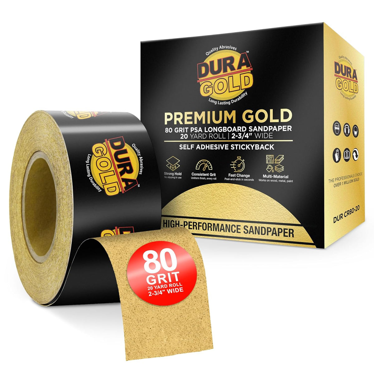 Dura-Gold Gold PSA Longboard Sandpaper, 80 Grit, 20 Yard Roll, 2-3/4" Wide