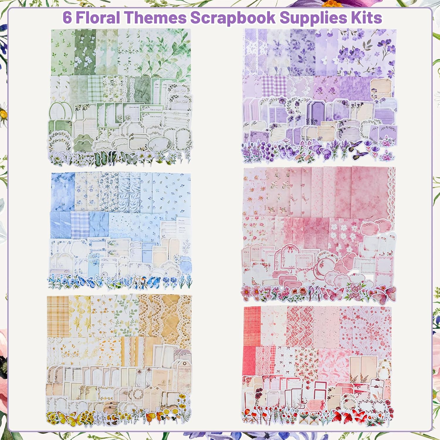 480 Pcs Floral Scrapbook Paper Junk Journal Stickers Supplies 6 Spring Scrapbook Supplies for Planner Journaling Album