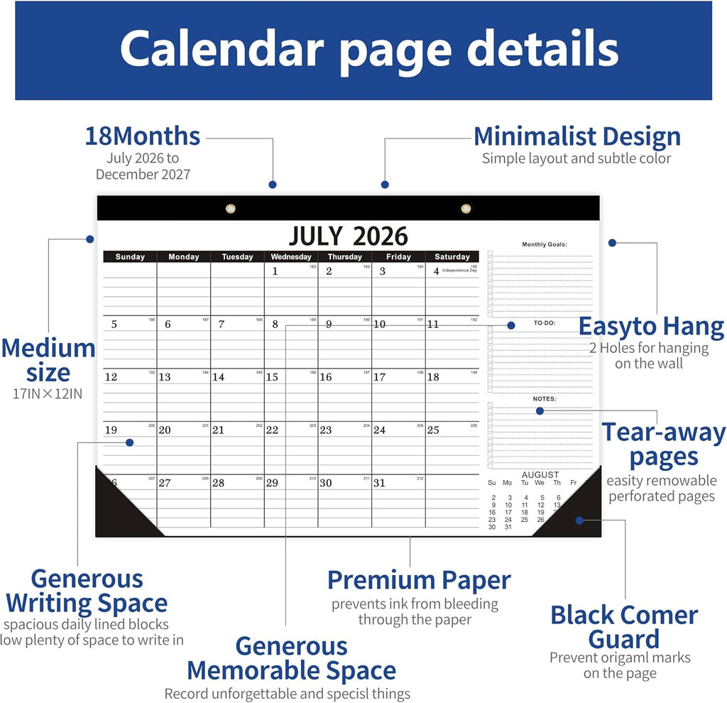 Desk Calendar 2026-2027,July 2026 to December 2027, Desk calendar 2026-2027 with to-do list,2027 Calendar 18