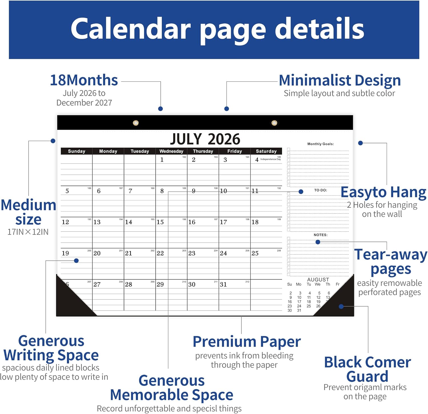 Desk Calendar 2026-2027,July 2026 to December 2027, Desk calendar 2026-2027 with to-do list,2027 Calendar 18