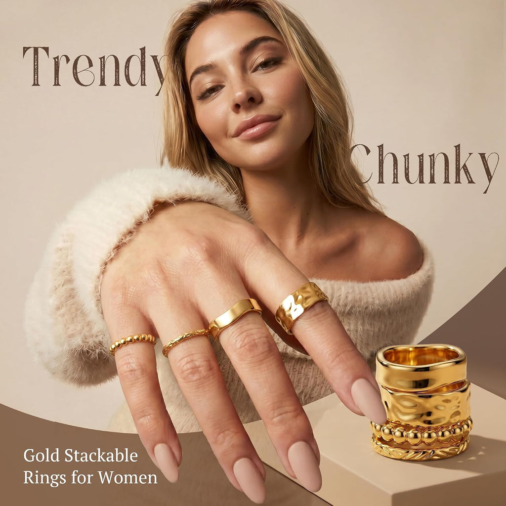 Chunky Gold Rings for Women Non Tarnish Dainty Stackable Silver Rings 14K Gold Plated Stacking Thumb Rings Set Trendy