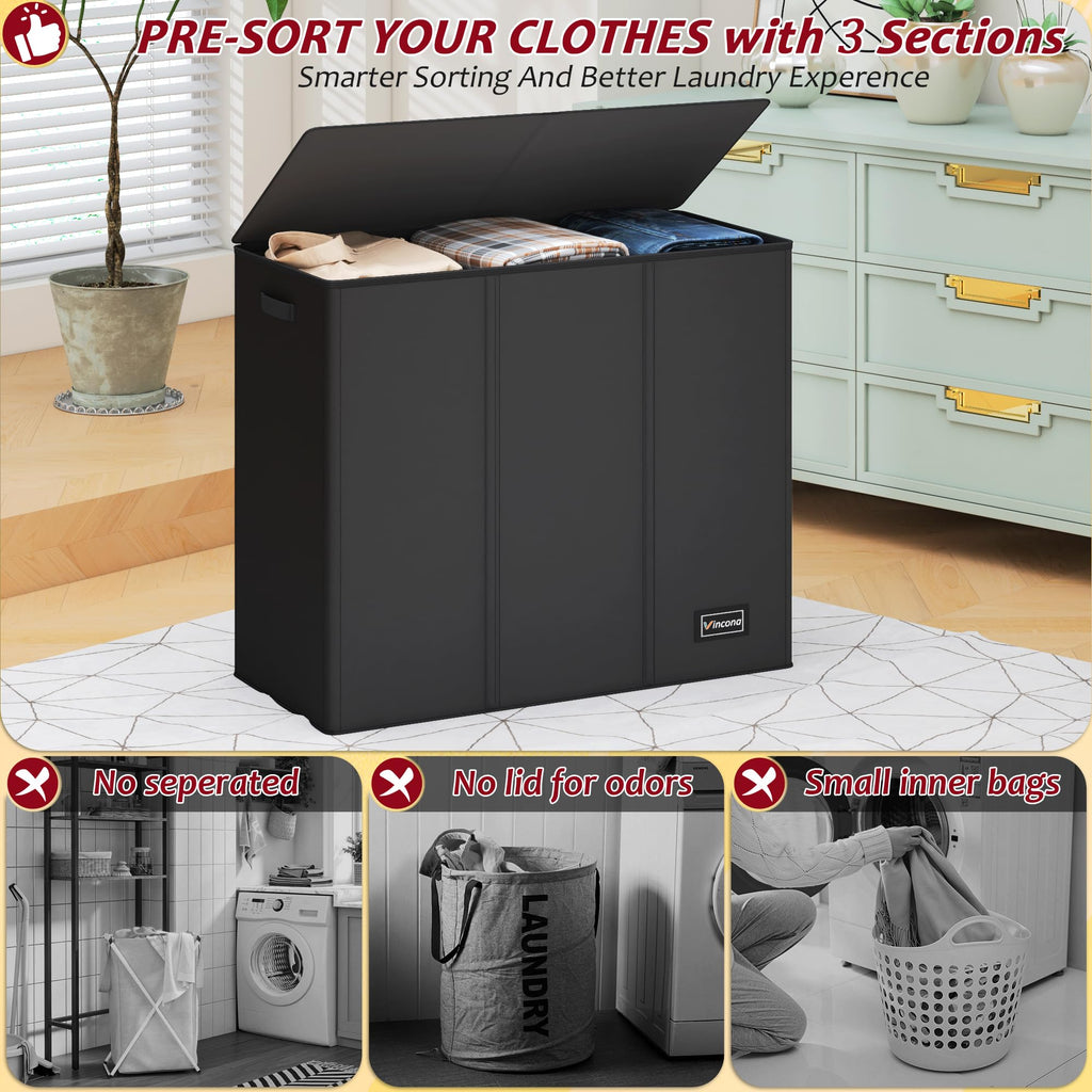 195L Laundry Hamper 3 Section,Large Laundry Hamper with Lid,Dirty Clothes Hamper with 3 Inner Bags,Collapsible