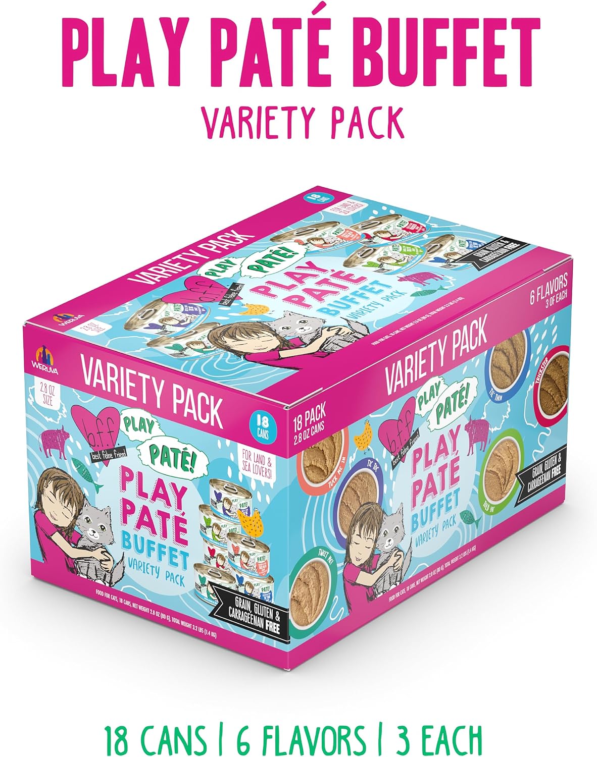 B.F.F. Play - Best Feline Friend Paté Lovers, Aw Yeah!, Play Paté Buffet Variety Pack, 2.8oz Can (Pack of 18)