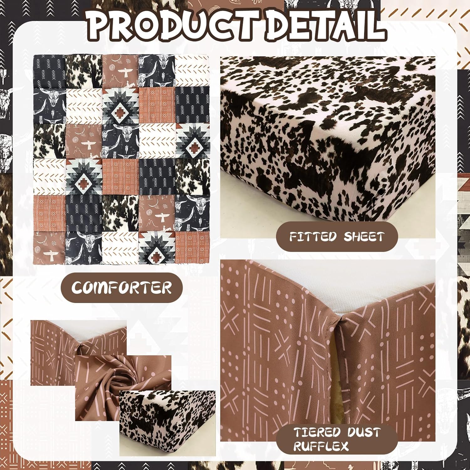 3 Pcs Western Cowboy Baby Crib Bedding Western Quilt Fitted Sheet Skirt Soft Flannel Nursery Bedding for Baby Boys