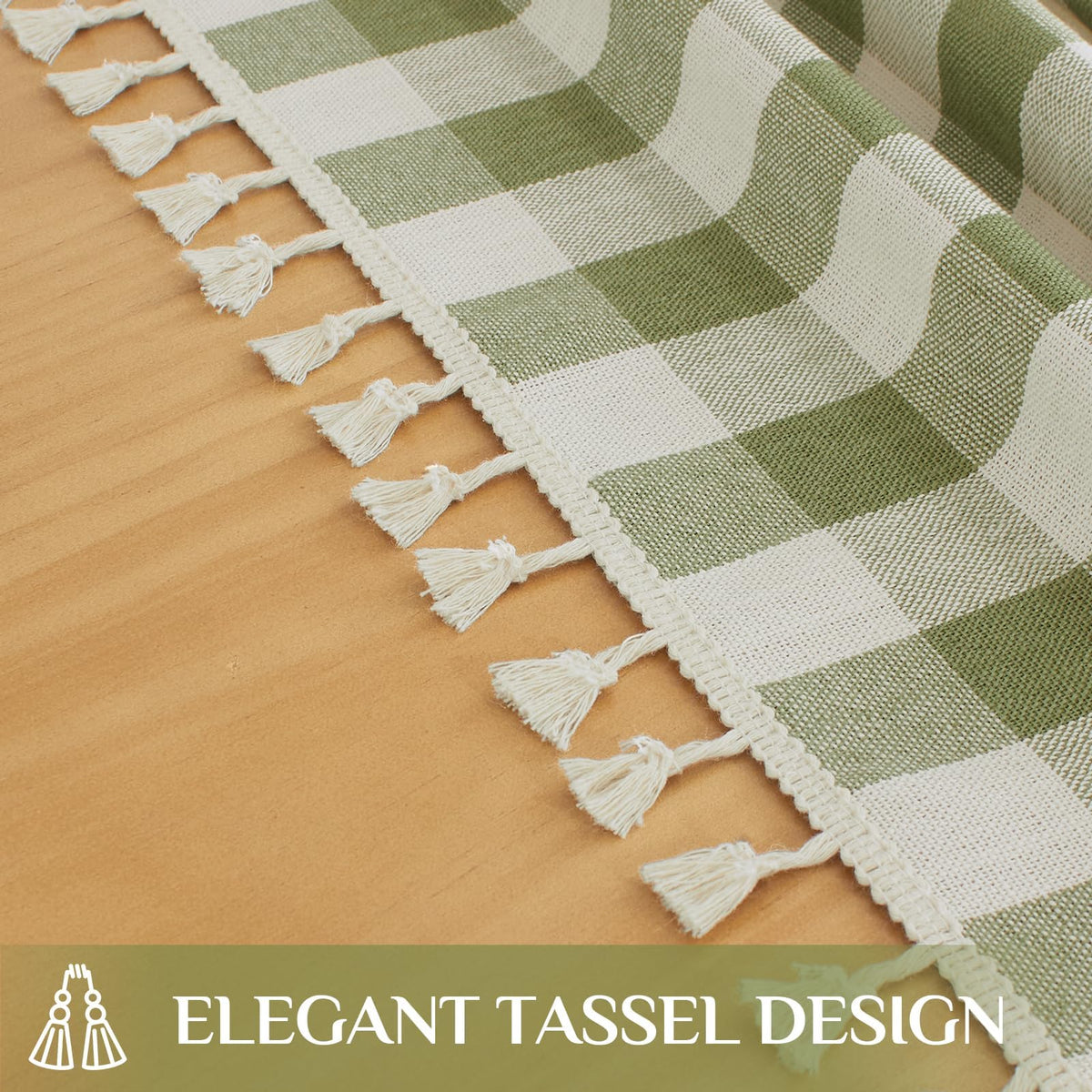 Gingham Rectangle Tablecloth with Tassel, Sage Green, 55" x 84"