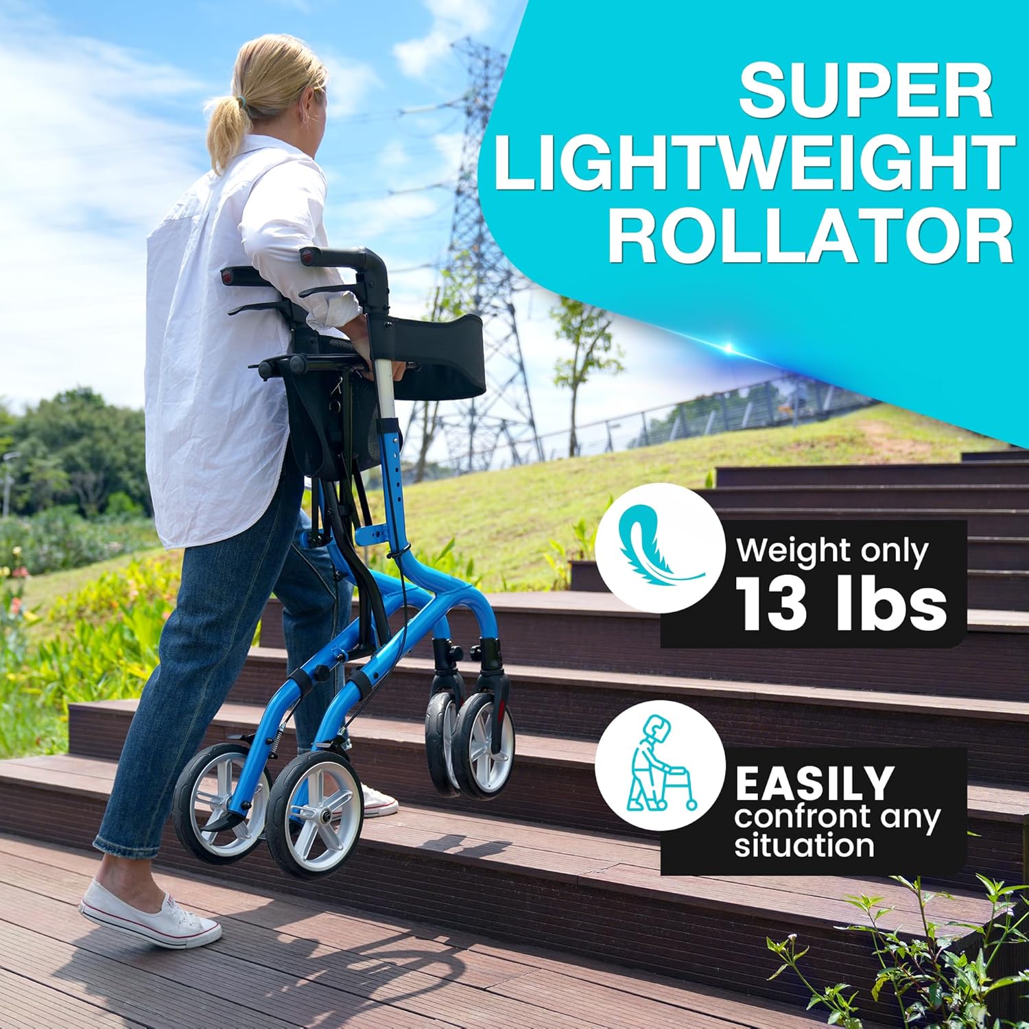 Super Lightweight Rollator Walker for Seniors, Foldable Rolling Walker with Seat and 8" Rubber Wheels for All