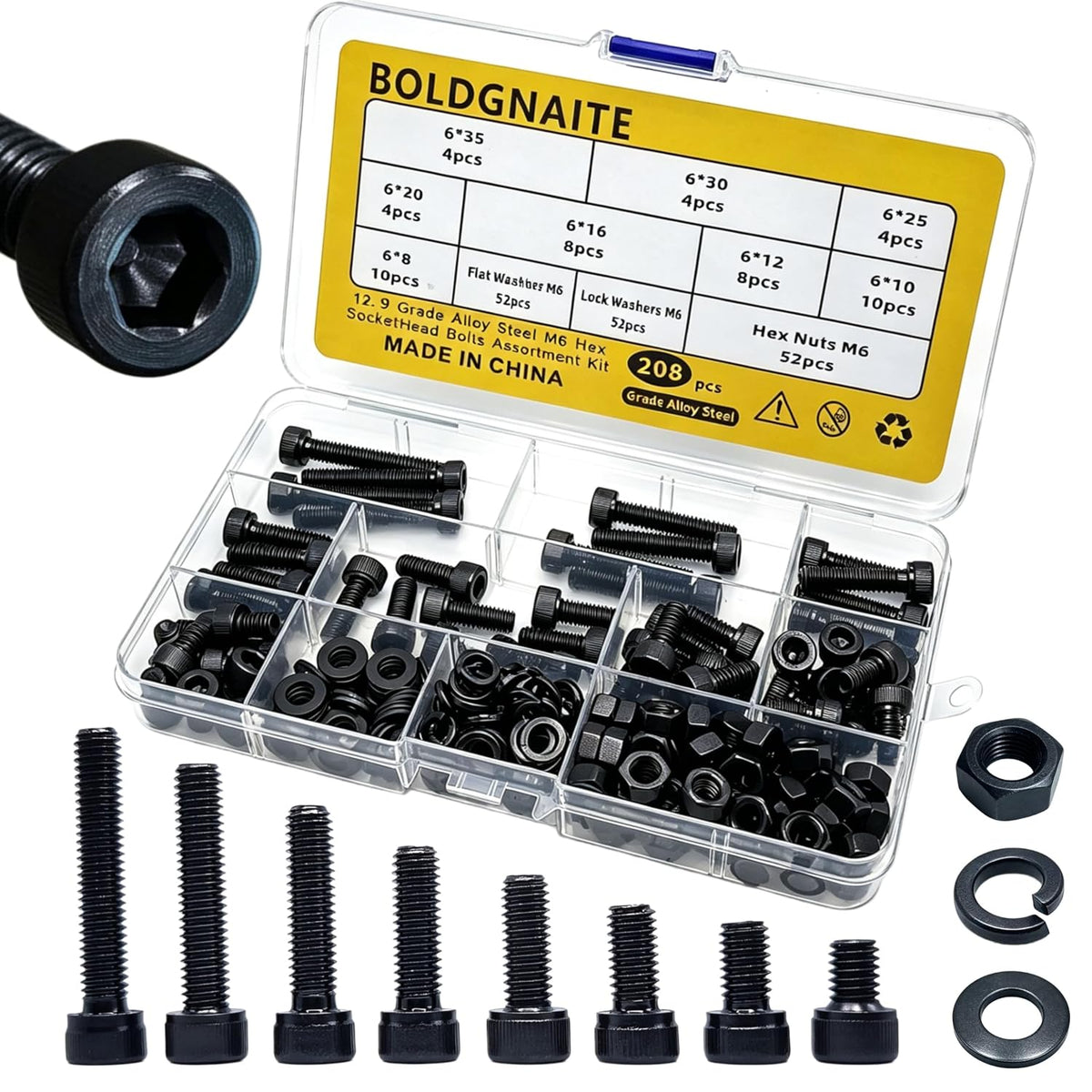 208PCS M6 Hex Socket Screw Assortment Kit, M6x8/10/12/16/20/25/30/35 mm