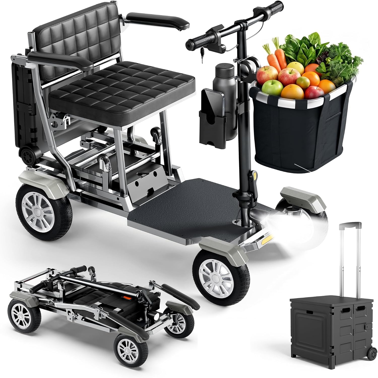 Lightweight Mobility Scooters for Seniors and Adults, Foldable 4-Wheel Motorized Scooter with Storage Crate & Basket