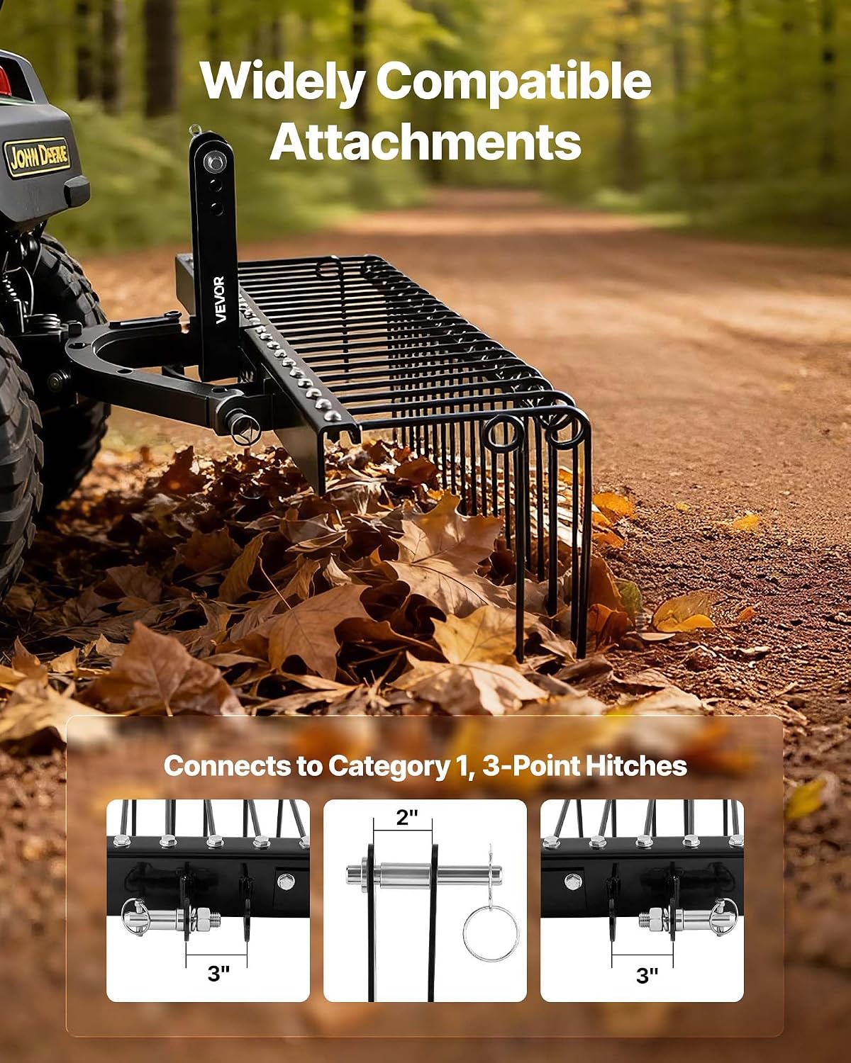 60 in Tow Behind Landscape Rake, 3 Point Hitch Lawn Dethatcher Rake, 26 Spring Steel Tines, for Category 1 Tractors