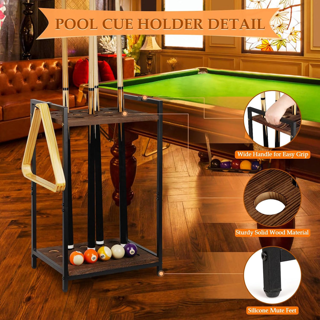 Pool Stick Holder, 10-Hole Wooden Freestanding Billiard Cue Racks Black | Cue Stick Holder for Game Room Billiard
