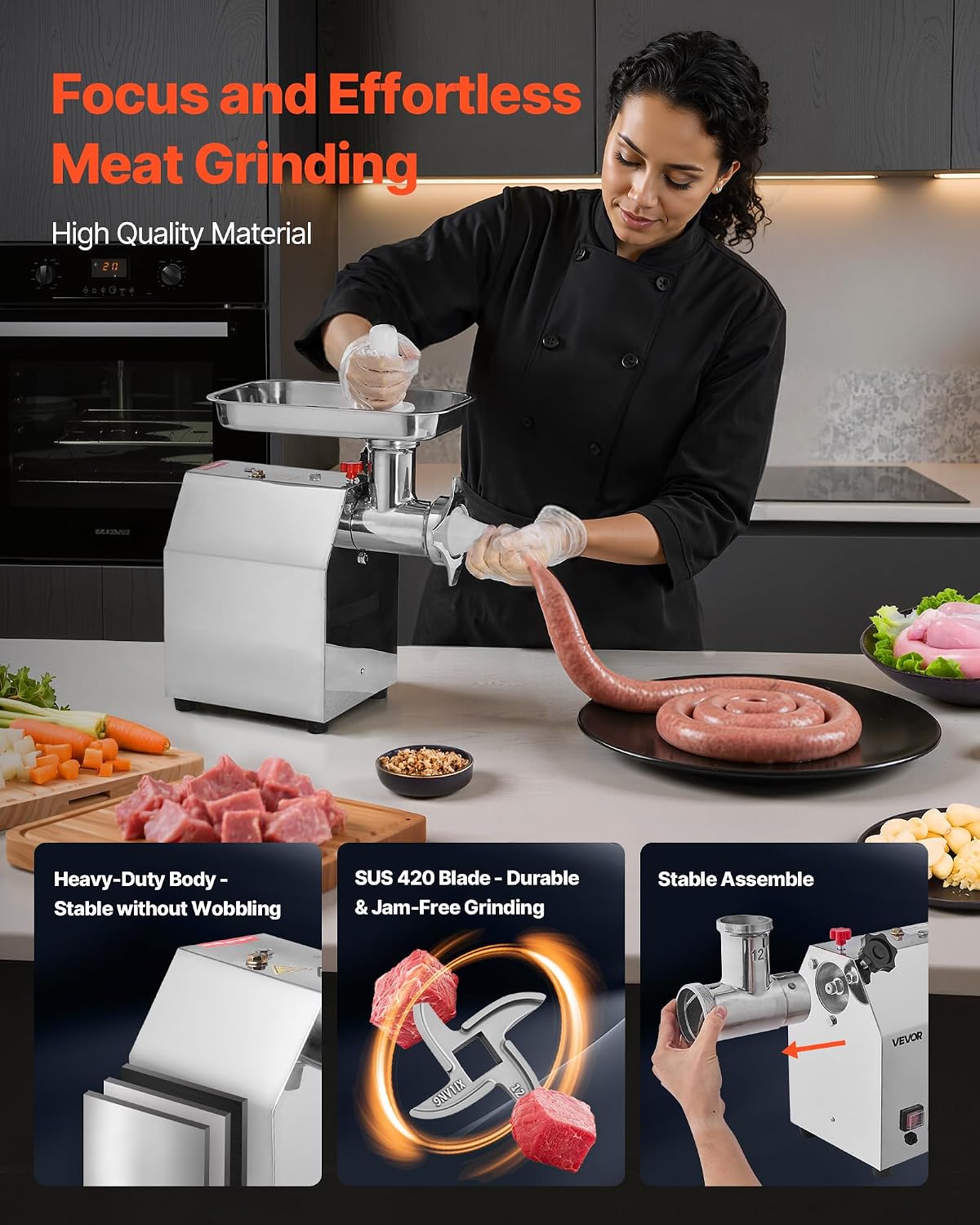Commercial Electric Meat Grinder, 7 lbs/min Capacity, #12 Industrial Meat Mincer with 2 Stainless Steel Blades, 2