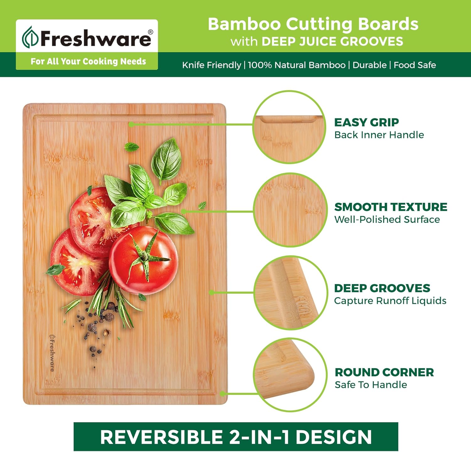 Wood Cutting Boards for Kitchen - Bamboo Cutting Board Set of 3, Cutting Boards with Juice Grooves, Serving Board
