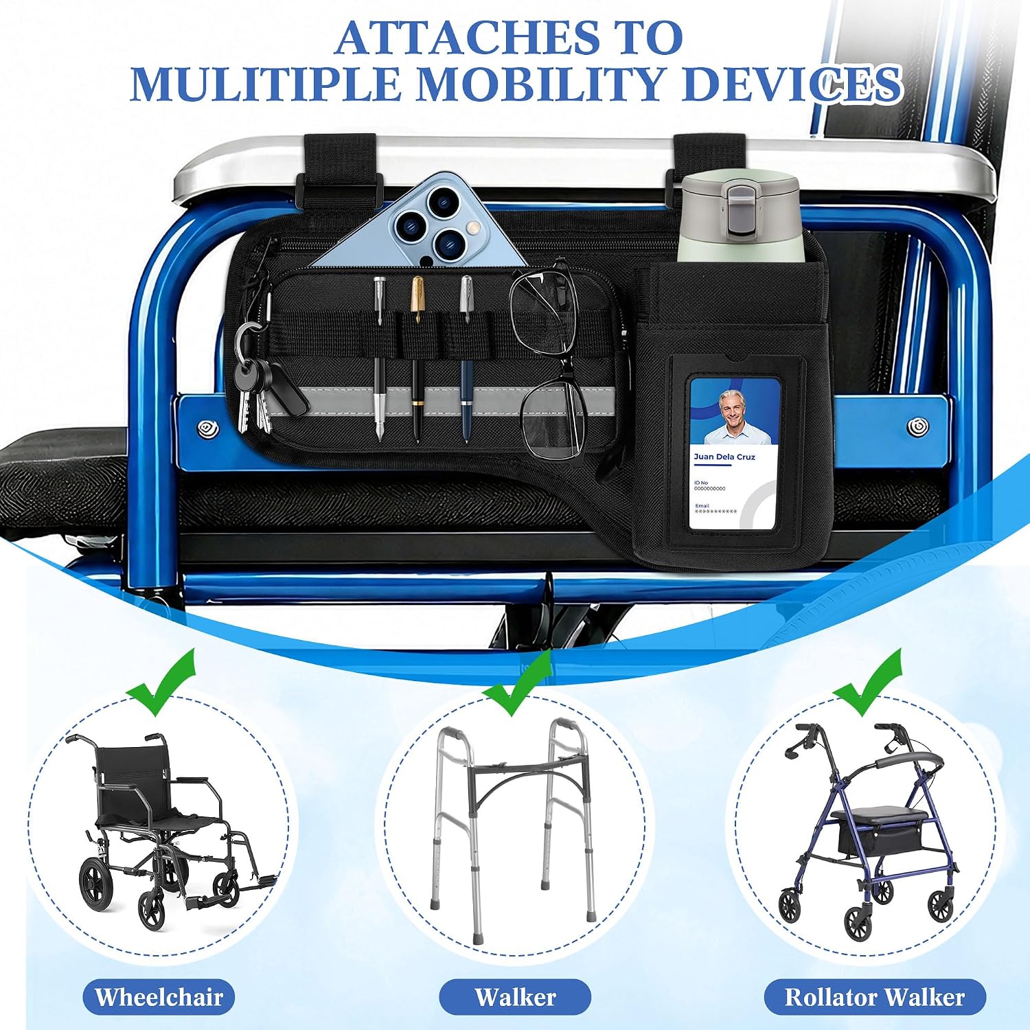 Wheelchair Side Bag with Cup Holder Reflective Strip Multi Pockets, Wheelchair Armrest Storage Pouch Pen Loop
