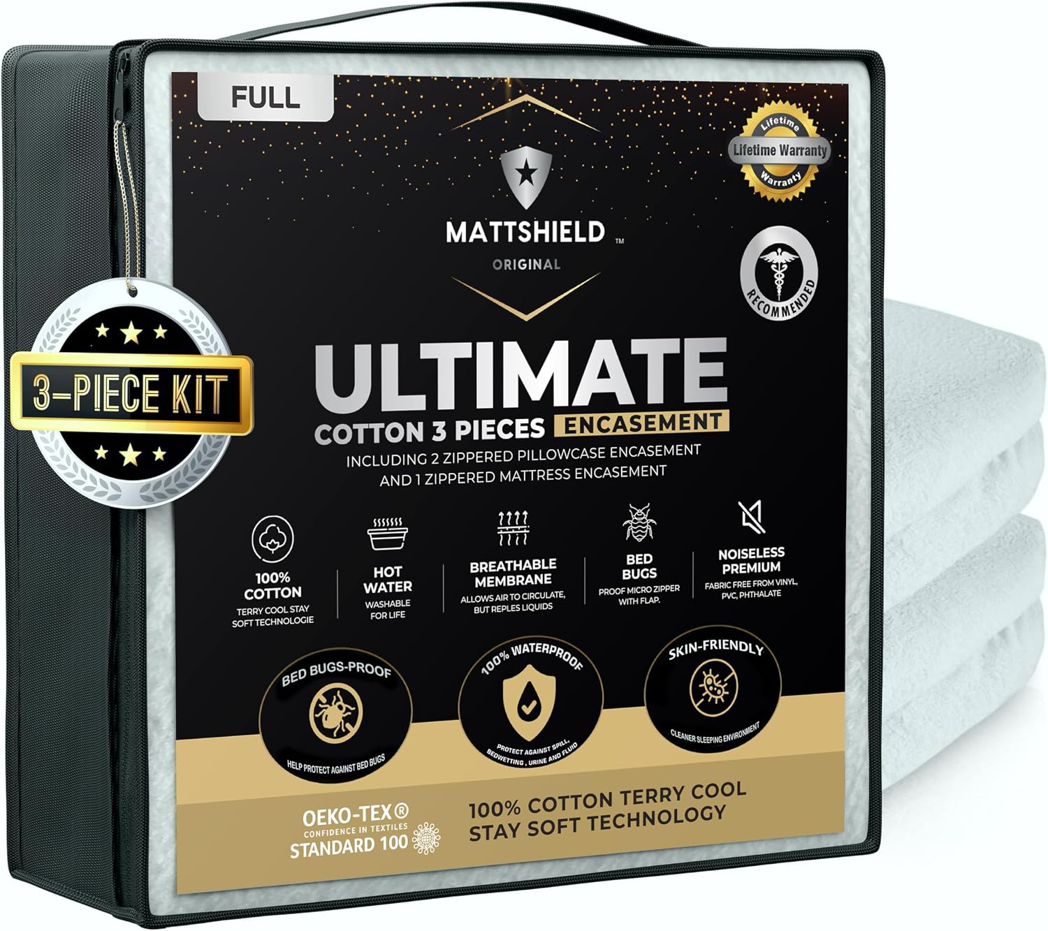 MATTSHIELD Ultimate 3-Piece Kit - Bed Bug-Proof Mattress Cover Full Size 100% Cotton Top + 2 Pillow Protectors with
