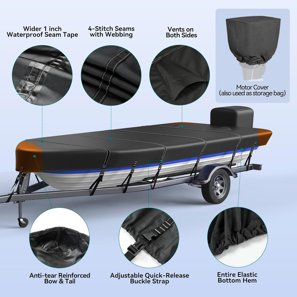 Heavy Duty 5 Layers 1200D Jon Boat Cover 14ft - 16ft with Motor Cover | 100% Waterproof Trailerable Jon Boat Covers