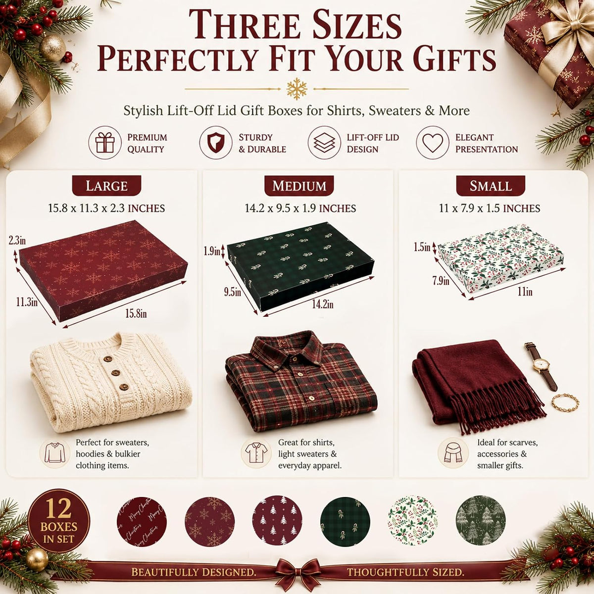12 Pcs Burgundy Christmas Gift Boxes with Lids for Presents