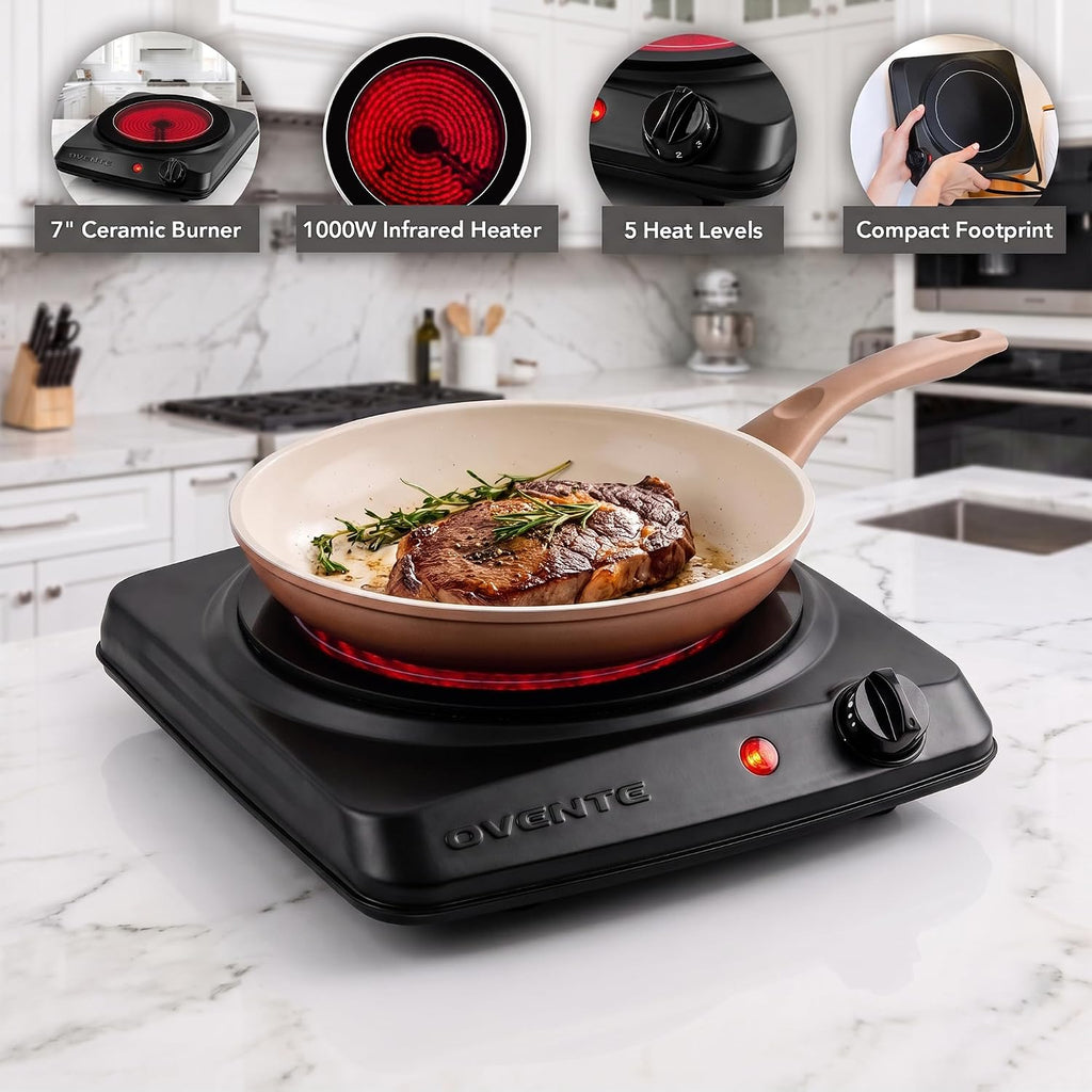 Electric Infrared Single Burner, 1000W Hot Plate, Black BGI101B