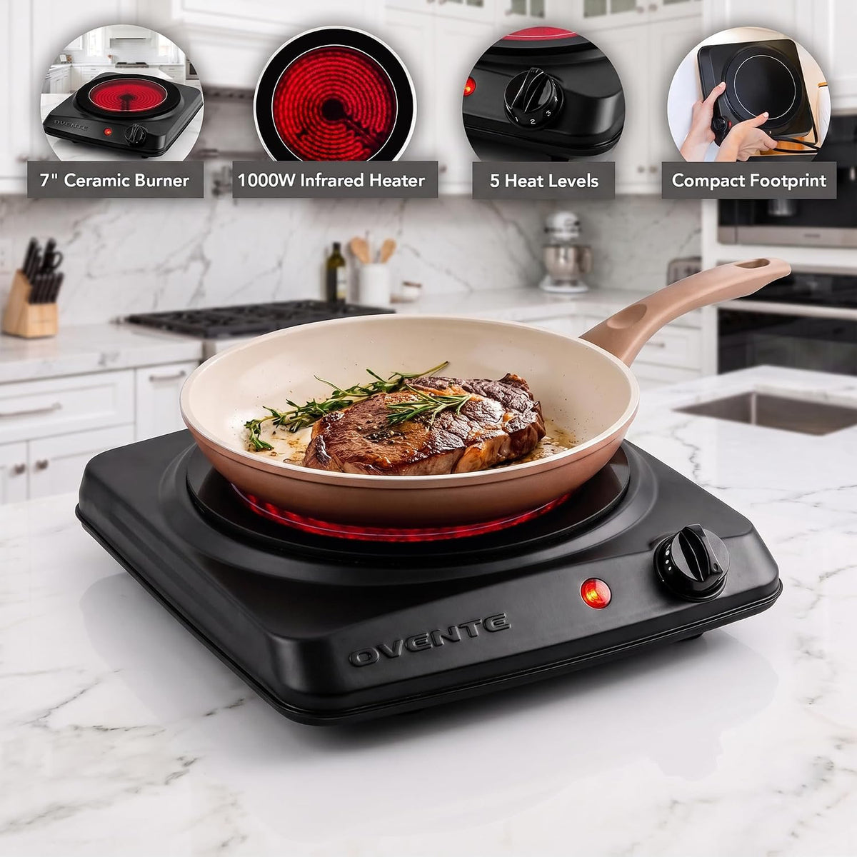 Electric Infrared Single Burner, 1000W Hot Plate, Black BGI101B