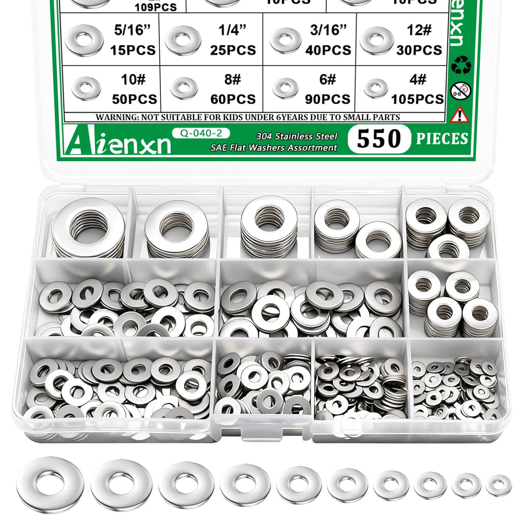 550PCS Flat Washers Assortment, 304 SS, 12 SAE Sizes, 2#-1/2"