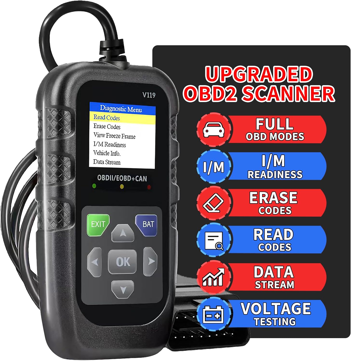 Car OBD2 Scanner Diagnostic Tool, Code Reader, Voltage Tester, Check Engine Light Fault Code, OBD2/EOBD for OBDII