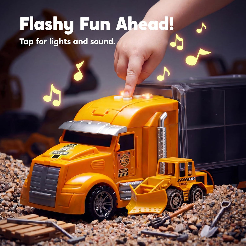 25-in-1 Construction Truck Toy Set with 12 Vehicles & 12 Worker Figures, Push and Go Toy Trucks with Sound and Light