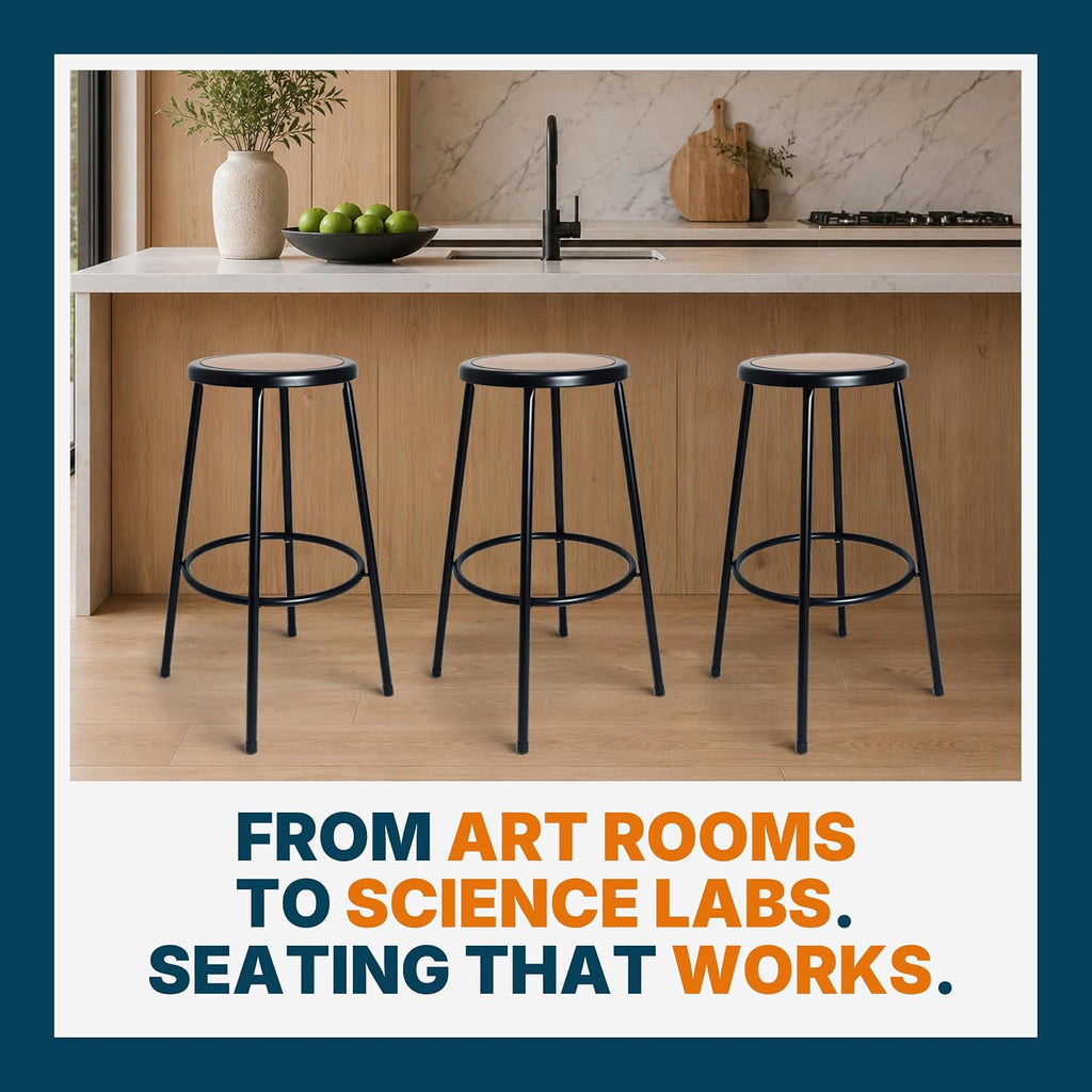 OEF6230-10-KD Assembly Required Commercial Steel Round Stool with Masonite Wood Seat (30-inch Height, Black Frame)