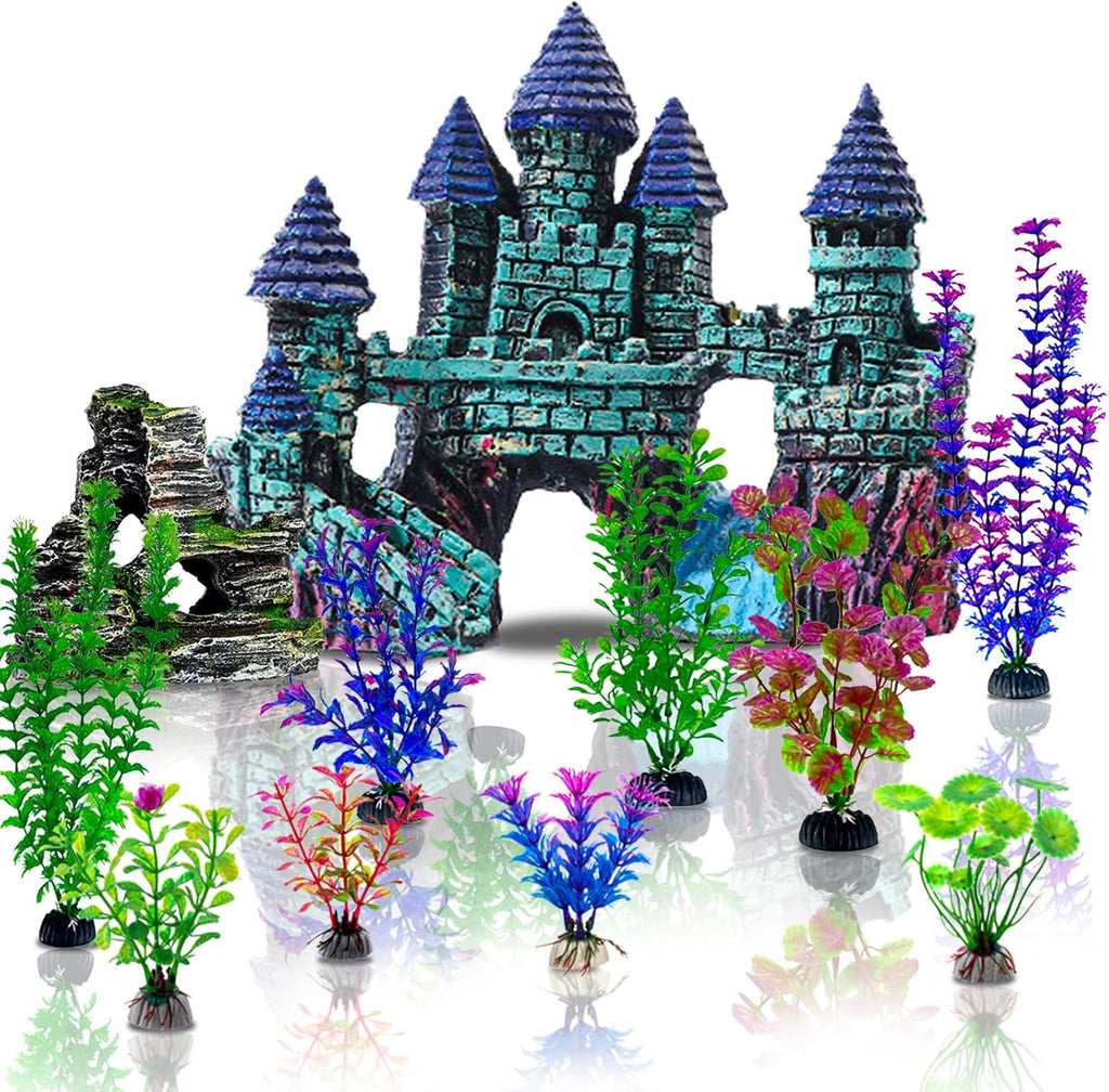 13 Pieces Aquarium Decorations Kit, Fish Tank Decorations Set Small Resin Castle and Rockery Betta Fish Cave Hideout