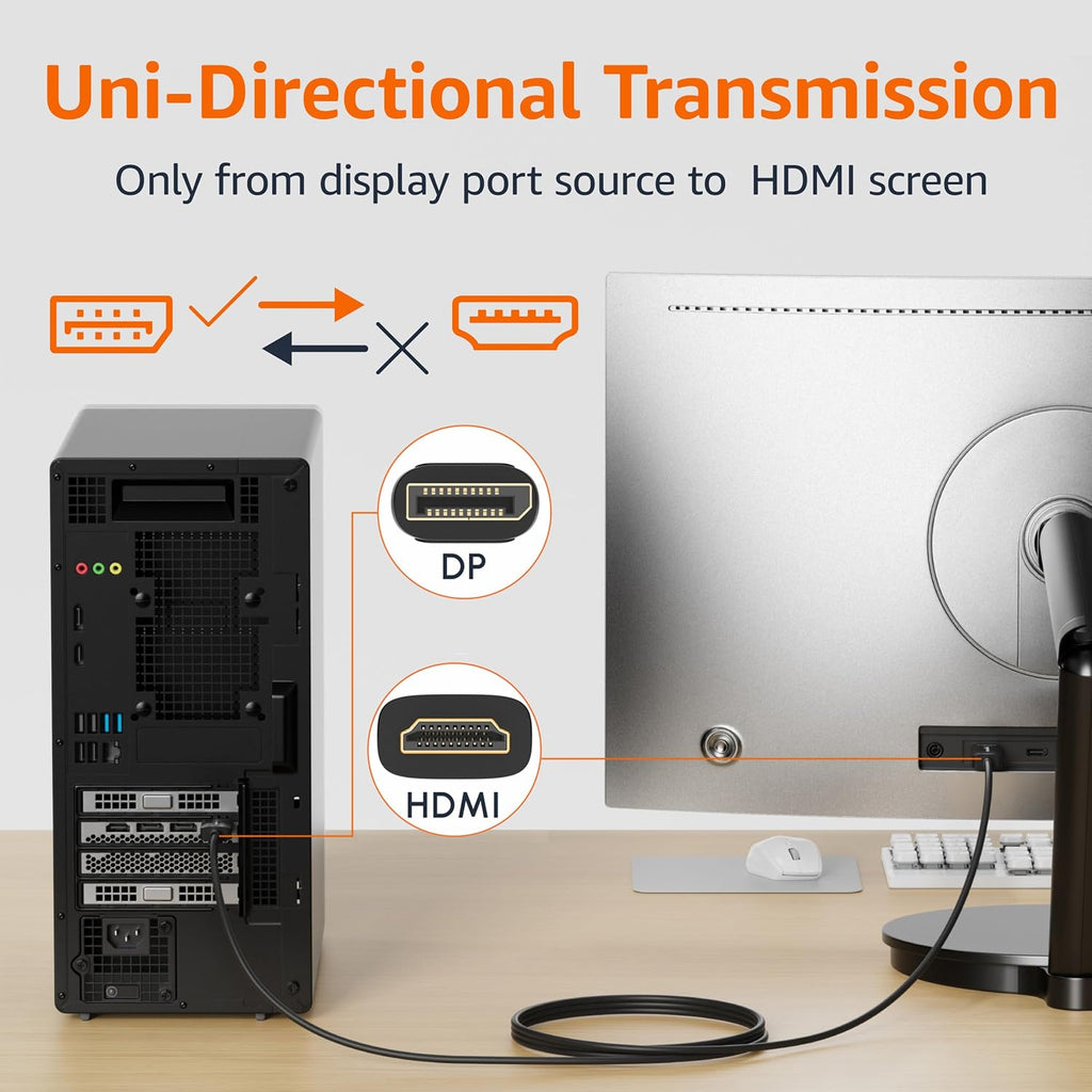 DisplayPort to HDMI Cable, Uni-Directional, 1080p, 1920x1200, 4K@60Hz, Works with DisplayPort Enabled Desktops and