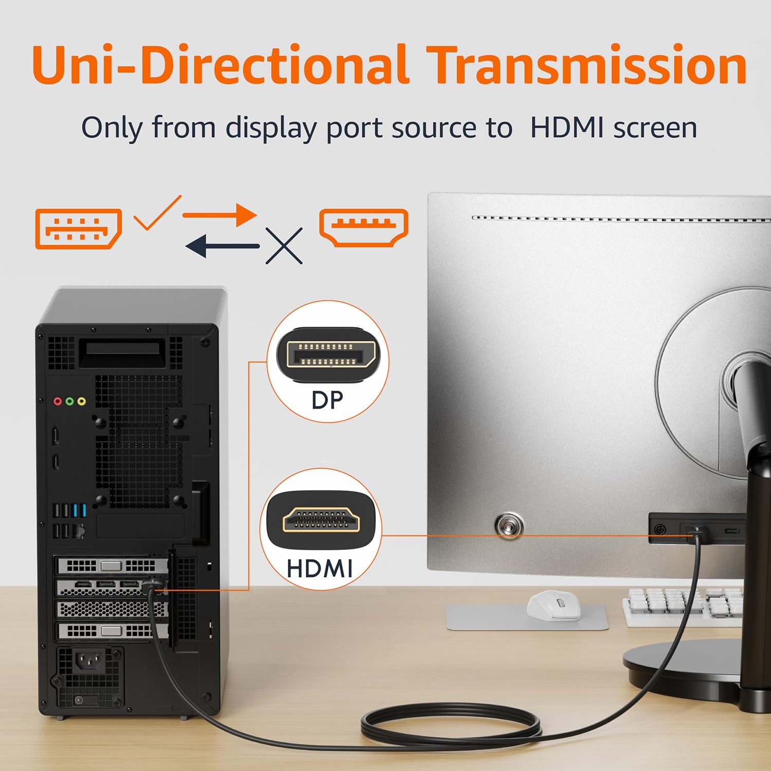 DisplayPort to HDMI Cable, Uni-Directional, 1080p, 1920x1200, 4K@60Hz, Works with DisplayPort Enabled Desktops and