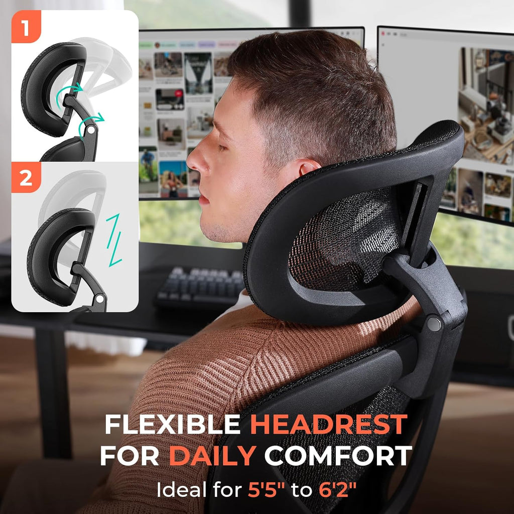 Ergonomic Mesh Office Chair, Adjustable Lumbar High Back Desk Chair 400lbs, 4D Flip-up Arms, 3-Level Tilt Backrest
