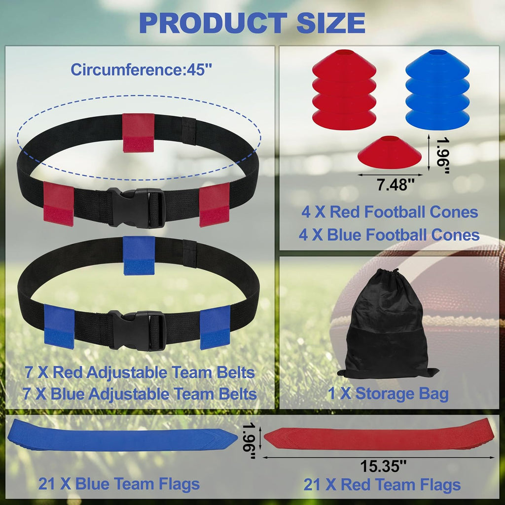 Flag Football Belts, 14 Player Adjustable Flag Football Set with 42 Flags, 8 Practice Cones and Bag