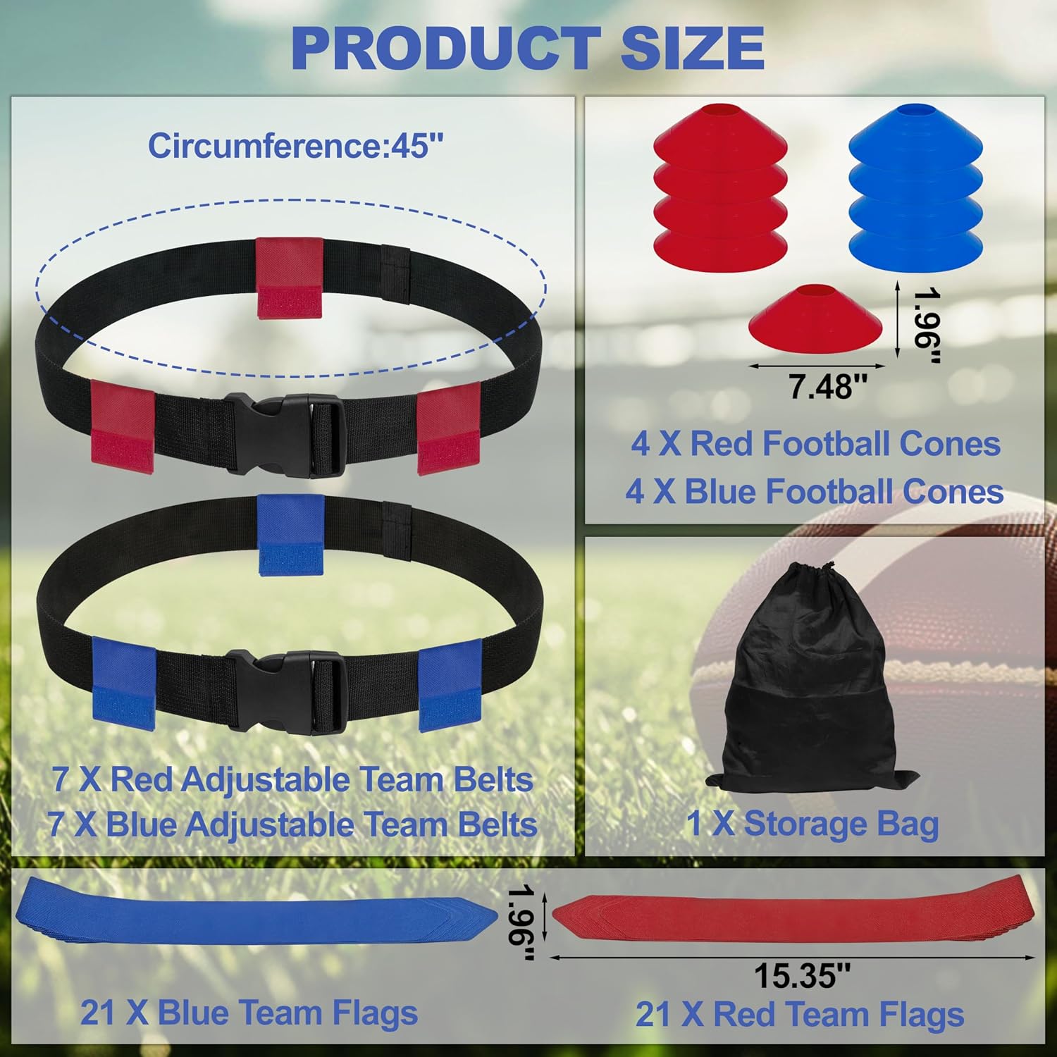 Flag Football Belts, 14 Player Adjustable Flag Football Set with 42 Flags, 8 Practice Cones and Bag
