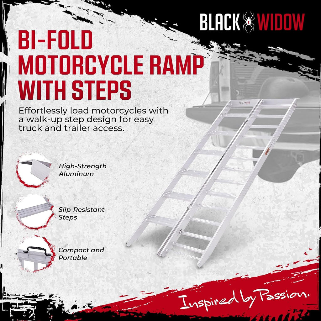 Aluminum Folding Motorcycle Ramp with Steps, 750 lb Capacity | Portable Loading Ramp and Storage Accessory for