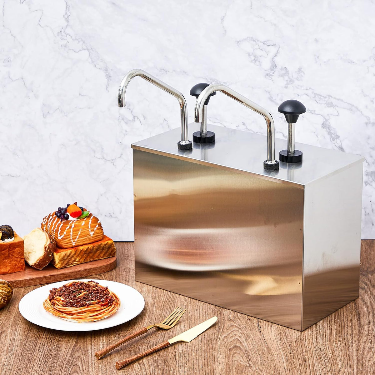 Condiment Pump Ketchup Sauce Dispenser 3.7 Quart Stainless Steel Syrup Station Container for Salad Jam Seasoning (3.7