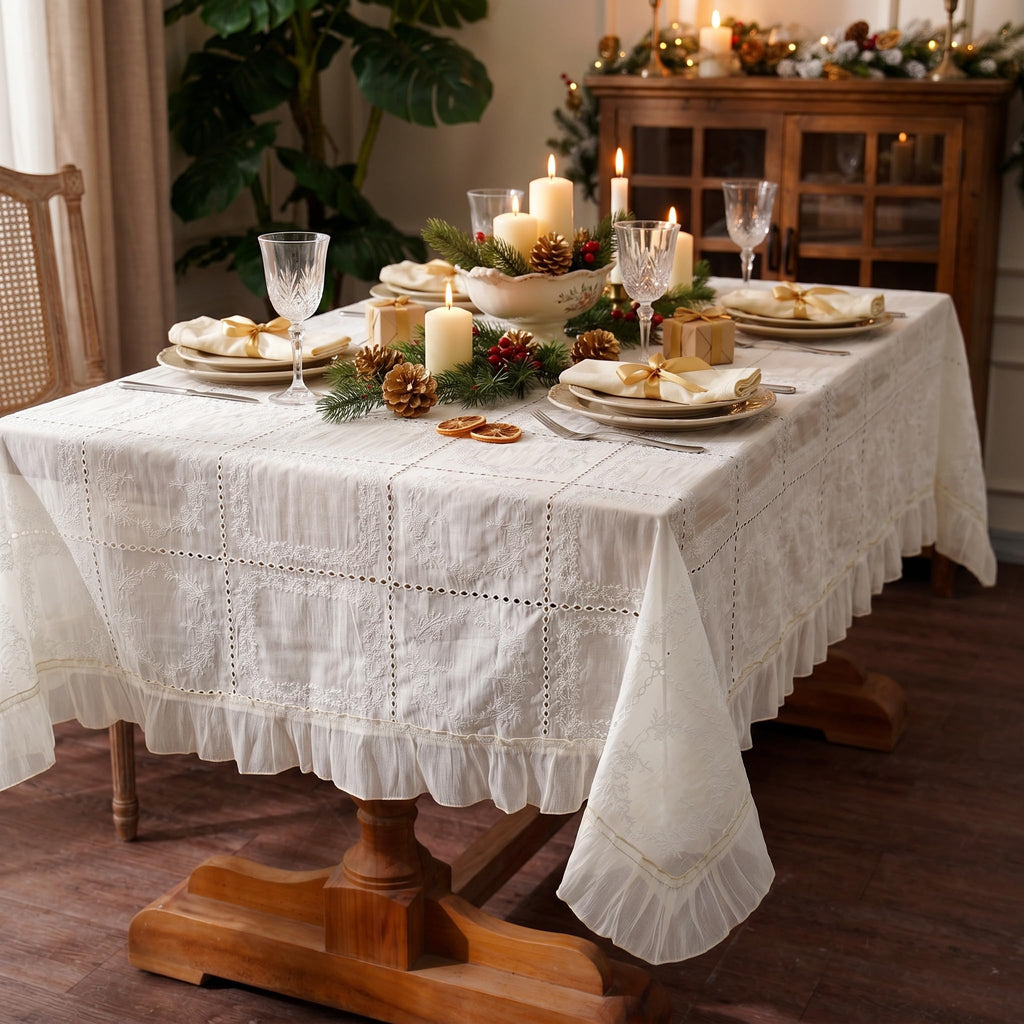 Cream Embroidered Tablecloth, 52 x 70 Inch