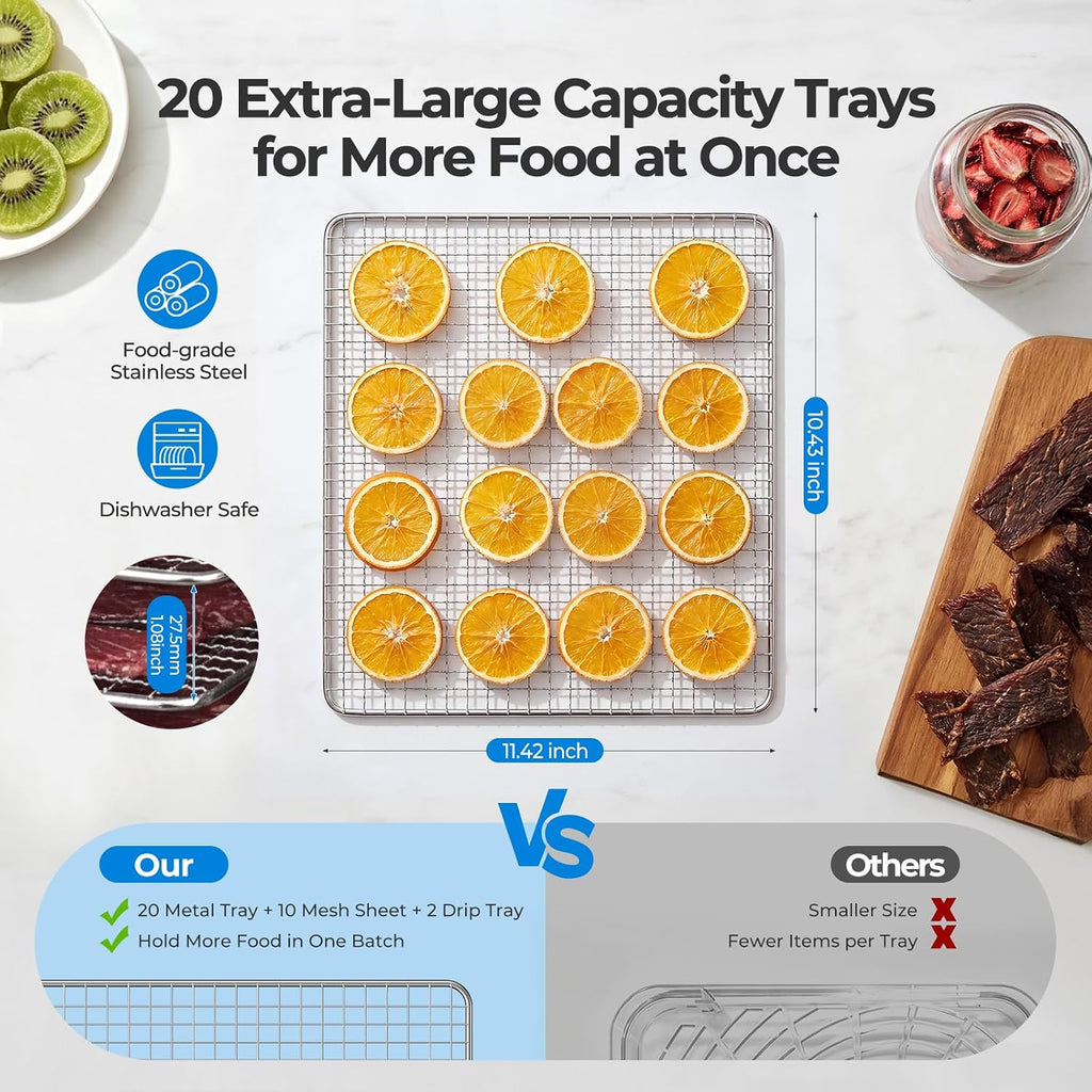 Food Dehydrator with 20 Trays, 1300W Dryer, 95–180°F Temp, 48H Timer