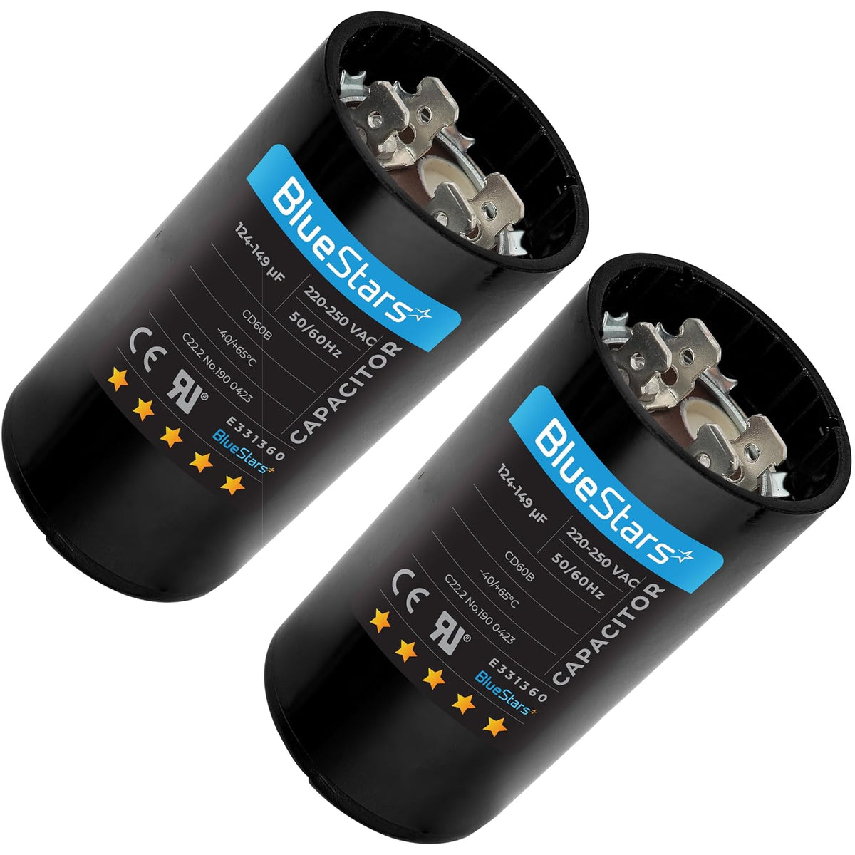 BlueStars 2 Packs 124-149 uF MFD 220-250VAC Run Capacitor - Round Capacitor