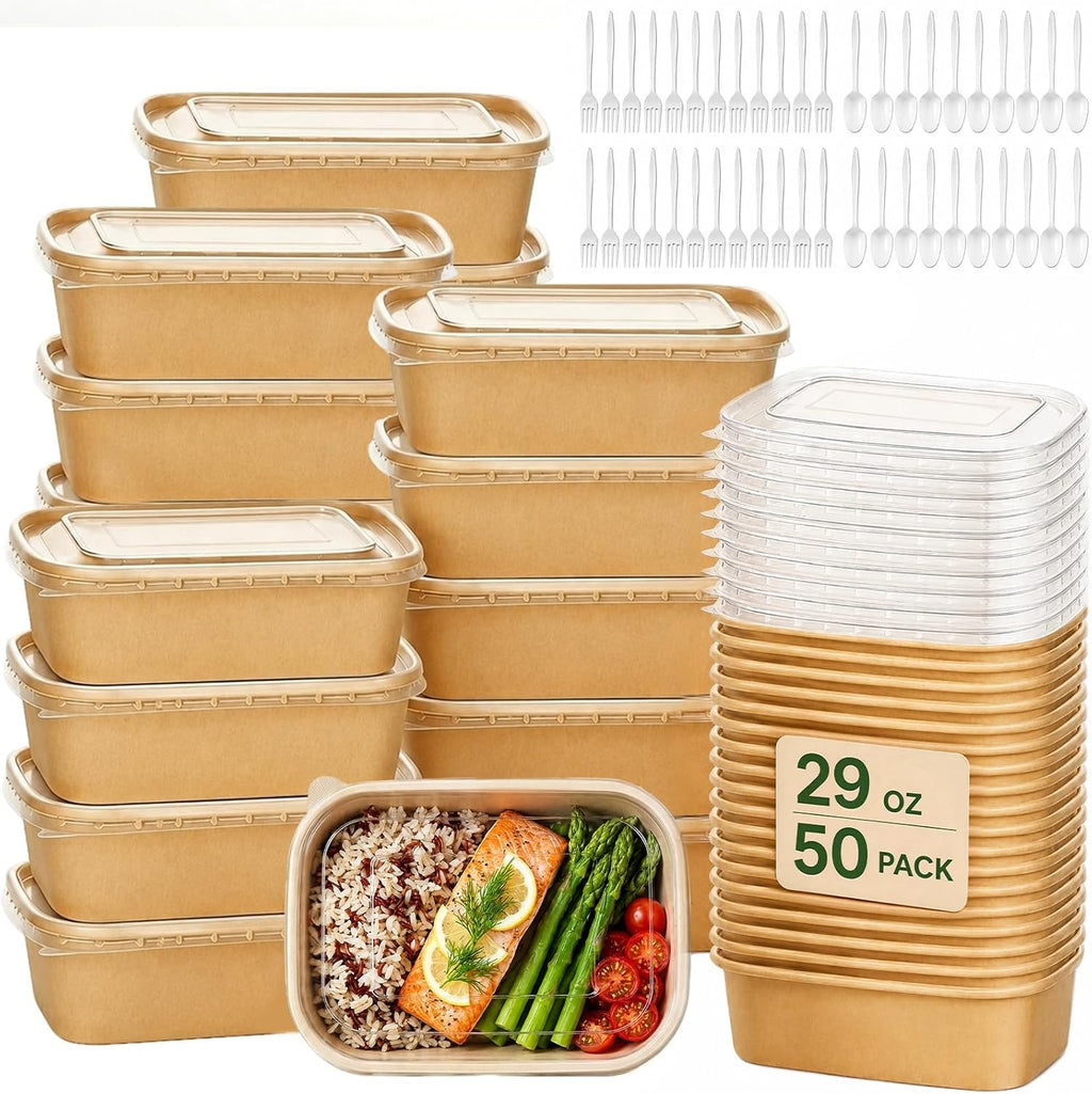 50 Pack 29 OZ Brown Meal Prep Containers with Lids【with Spoons and Forks】, Disposable Kraft Paper Bowls, Microwave