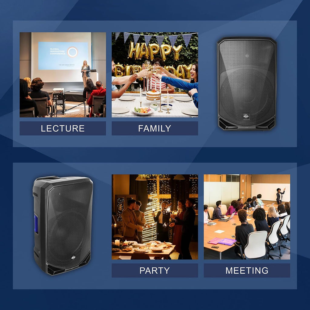 15 Inch PA Speaker Pair (Active + Passive + Stands) | 1200W DJ loudspeakers with Mixer Bluetooth 5.0 for Karaoke